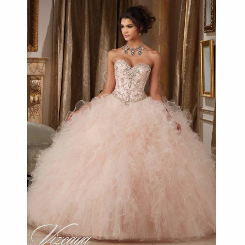 

Puffy Cheap Quinceanera Dresses Ball Gown Sweetheart Organza Ruffles Beaded Crystals Sweet 16 Dresses