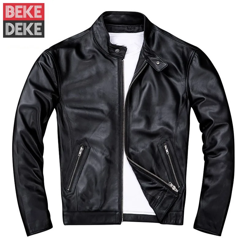 

Real Leather Jacket Men Fashion Moto Man Jackets Slim Fit Stand Collar Sheepskin Genuine Leather Coat Autumn Windbreaker Outwear