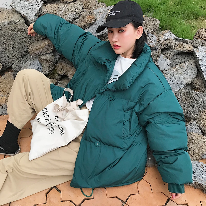 

2019 Women Korean Style Winter Jacket Collar Black Solid White Female Down Coat Loose Oversized Women Short Parka