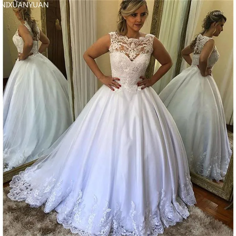 

Lace A-Line Wedding Dresses Empire Applique Princes Bridal Gown Sleevesless Vestido De Novia Plus Size Buttons Wedding Gowns