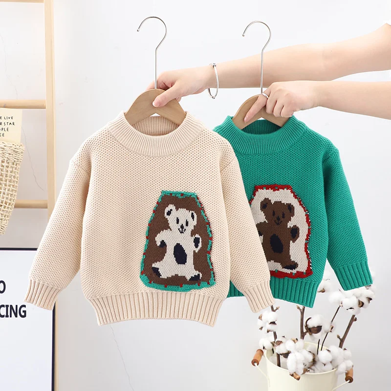 

Girls Boys Sweater Kids Coat Outwear 2022 Bear Plus Velvet Thicken Warm Spring Autumn Knitting Wool Cotton Long Sleeve Children'