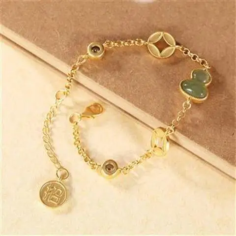 

Original S925 Sterling Silver Gilding Hetian Jade Creative All-Match New with Chinese Character Cai Coin Fu Lu Women's Bracelet