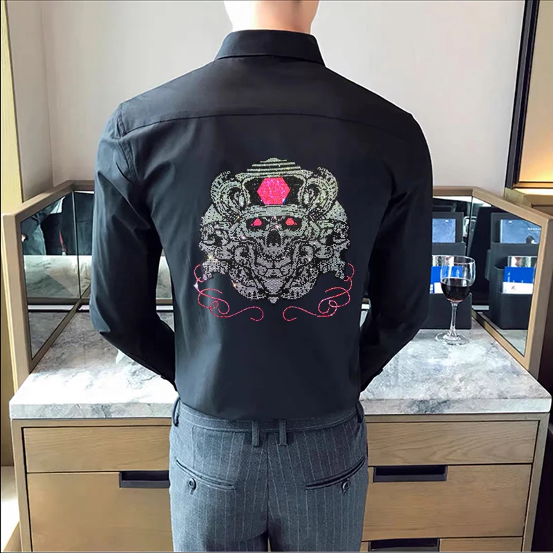 

Summer Design Men's Button T-Shirt Exquisite Fabric Hot Shiny Diamond Long-Sleeved New Arrival European Simple Tops
