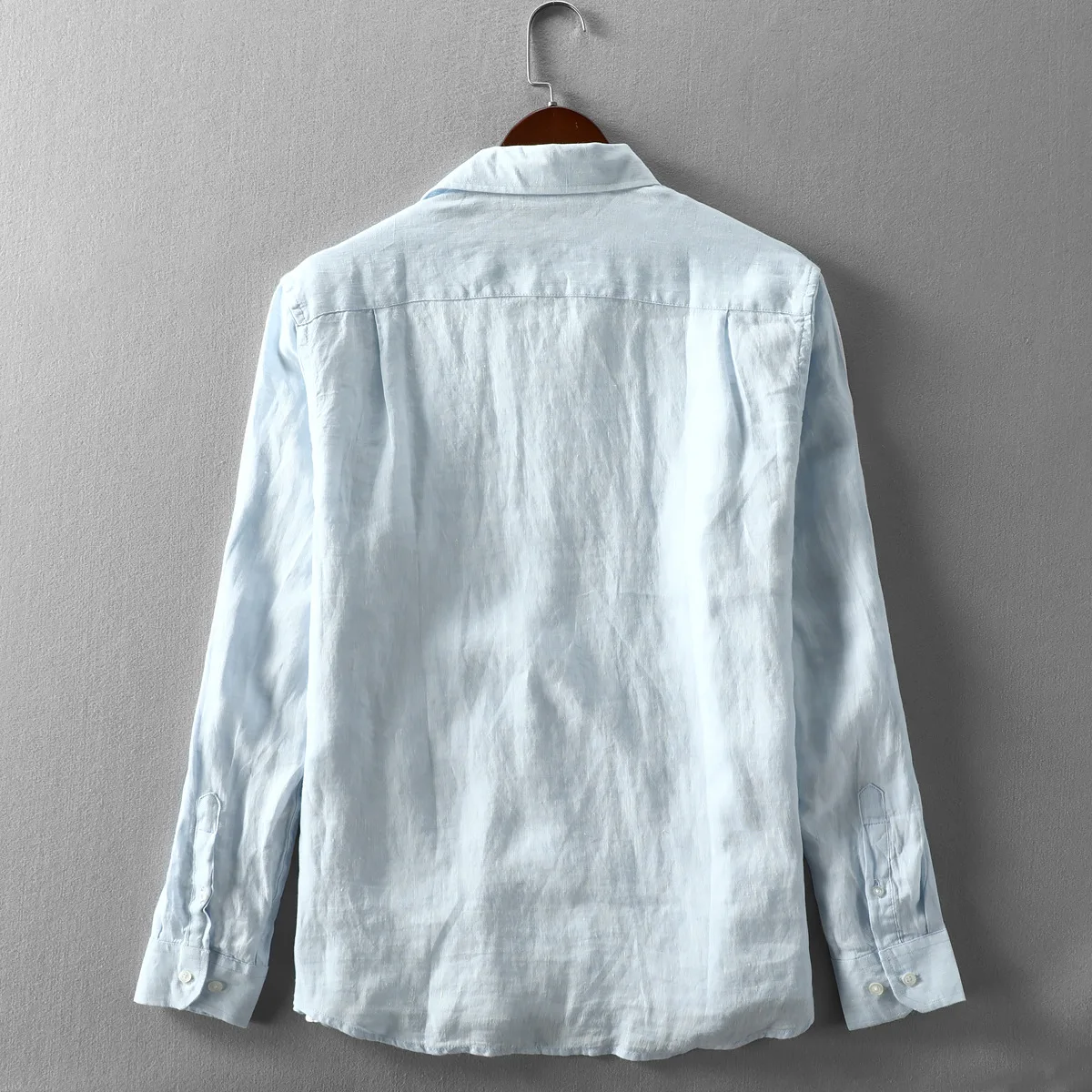 

turn down 2021 collar long sleeve pure linen shirts men light blue men's summer lightweight casual shirts with pocket