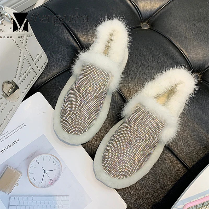 Хлопковая обувь на меху со стразами женские зимние теплые плюшевые мокасины