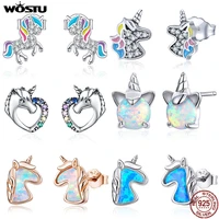 wostu licorne unicorn stud earrings 100 925 sterling silver multi color small earrings for women wedding fashion jewelry gifts