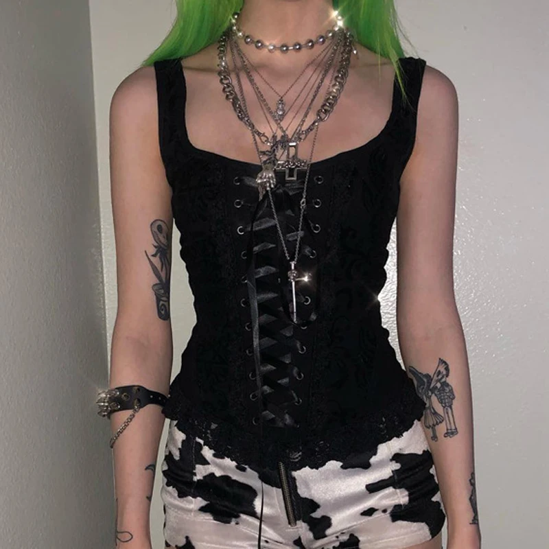 Viifaa стиль Лолита контрастная гофрированная кружевная кромка Готическая шнуровка майка Женский черный без рукавов уличная Туника кроп Топы