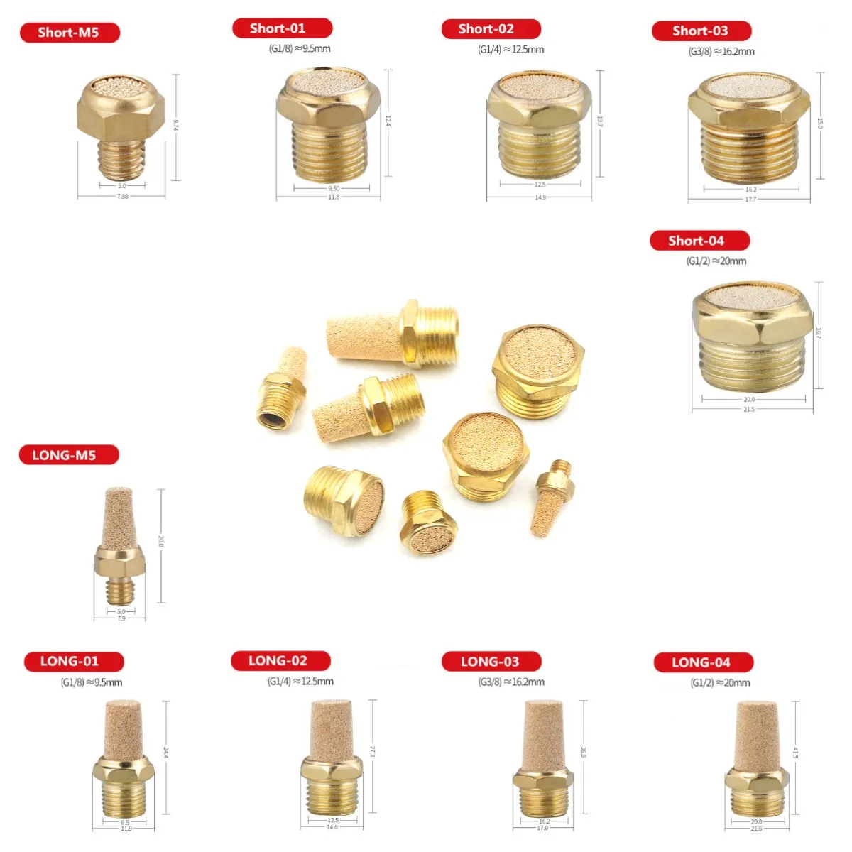 

2-20Pcs/Lot Pneumatic Exhaust Muffler Silencer Fitting M5 1/8 1/4 3/8 1/2 BSP Brass Noise Filter Reducer Long BSL , Short SLM