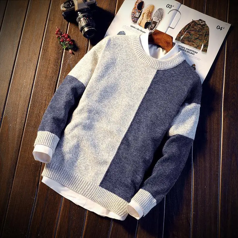 

E-BAIHUI Patchwork Men's Winter Sweater Contrast Color Casual Loose Pullover Knitted O-neck Sweatshirt Warm All-match Knitwear