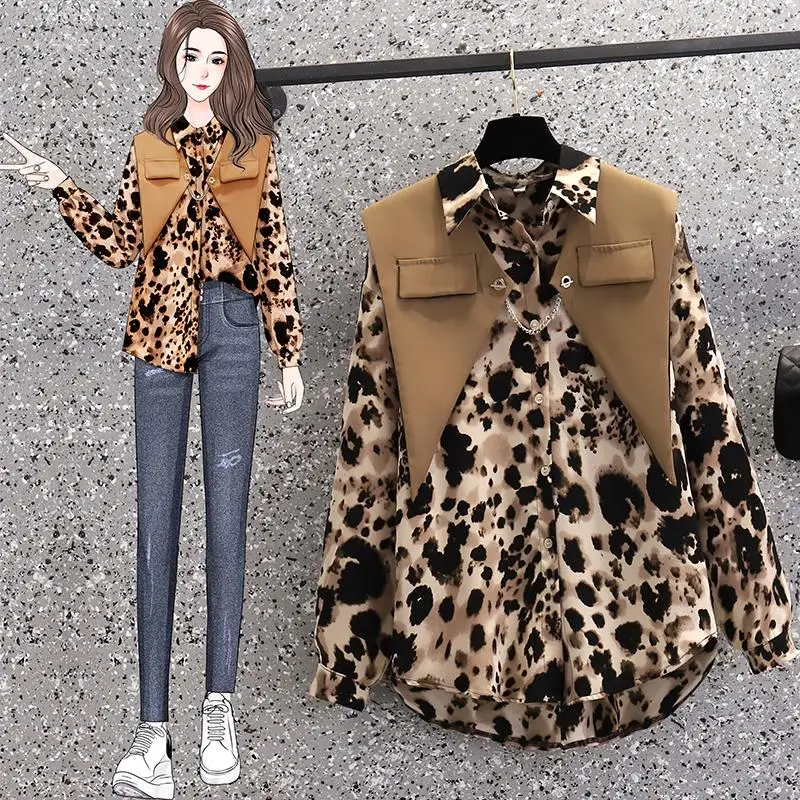 

Leopard Long Sleeved Shirts Shawl Women'S Clothing Autumn Spring Suits Set 2 Pieces Female Oversize 2021