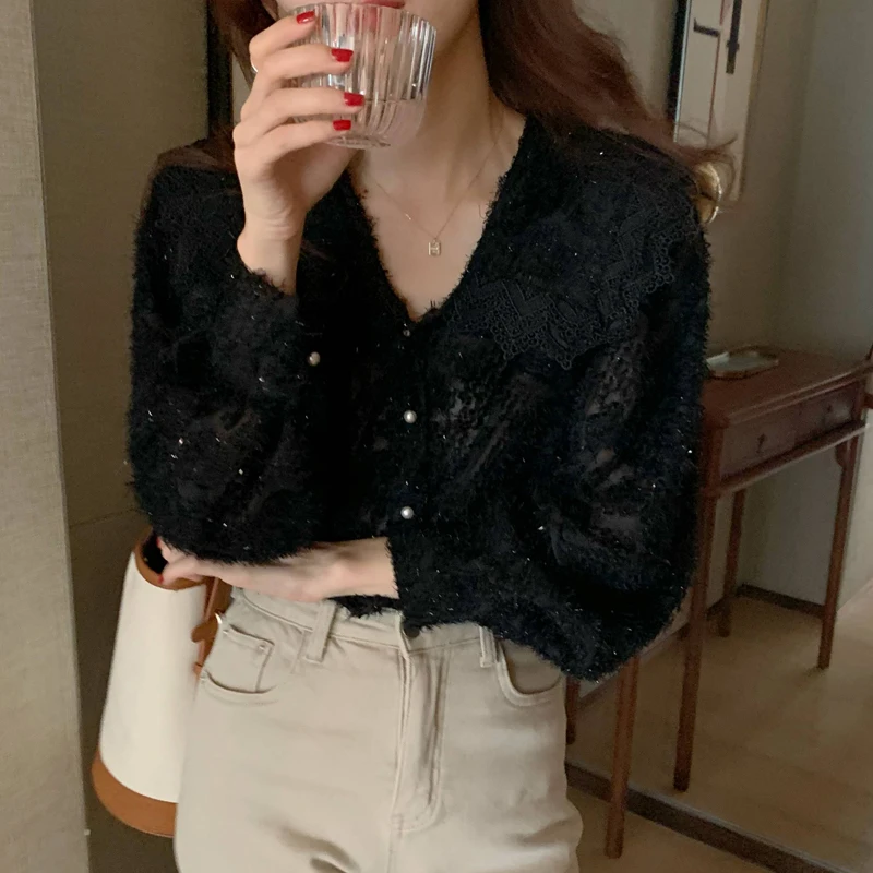 

Alien Kitty Chic Vintage Loose High Quality 2021 Retro Mesh Basic Tops Lady Fashion Women Shirt Lace All Match Casual Blouses