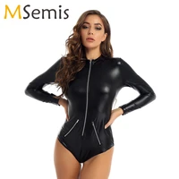 msemis women zipper bodysuit stand collar long sleeve women patent leather pu bodysuits catsuit club wear pole dancing costume