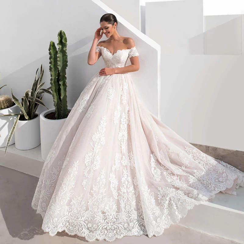 

White Luxury Wedding Dress Long Sleeve Lace Ball Gown O-neck 3D Flower Bridal Dresses Court Train Custom Made Wedding Gown