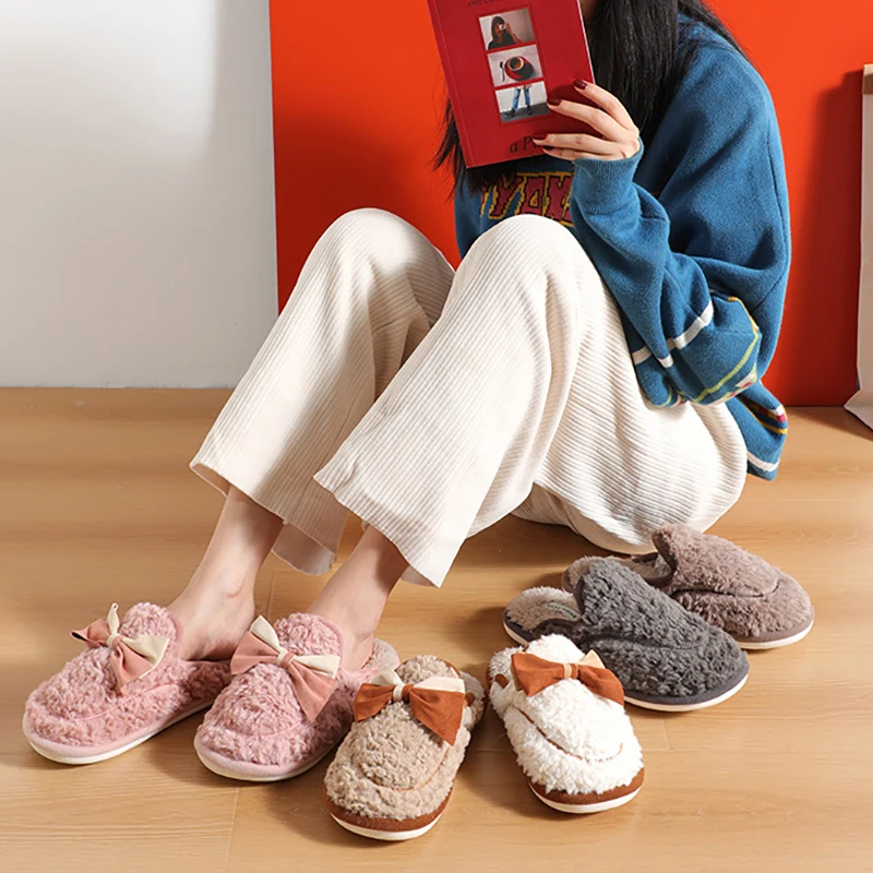 Bowknot Cotton Slippers Female Autumn And Winter Home Indoor non-Slip Cute Plush Couple Home Warm Soft Bottom Non-Slip Slippers