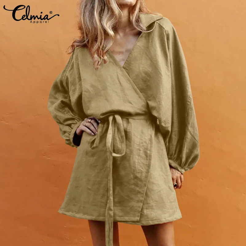 

2021 Fashion Lantern Sleeve Mini Dress Women Sexy V-neck Bandage Wrap Dresses Celmia Casual Loose Cotton Autumn Short Vestidos