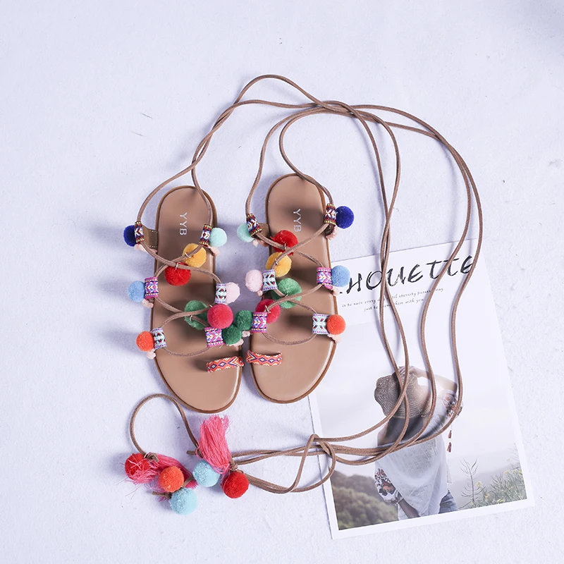 Летние женские модные сандалии выше колена с помпонами и сеткой красного цвета