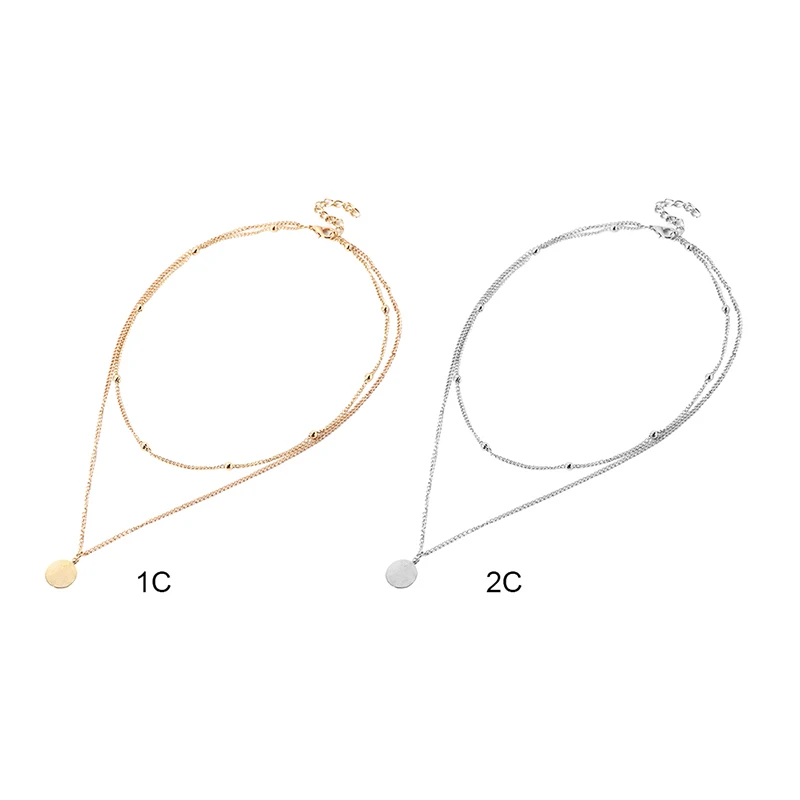 

Round pendant for Women girl double layer clavicle chain street style retro geometric multilayer bead chain necklace female