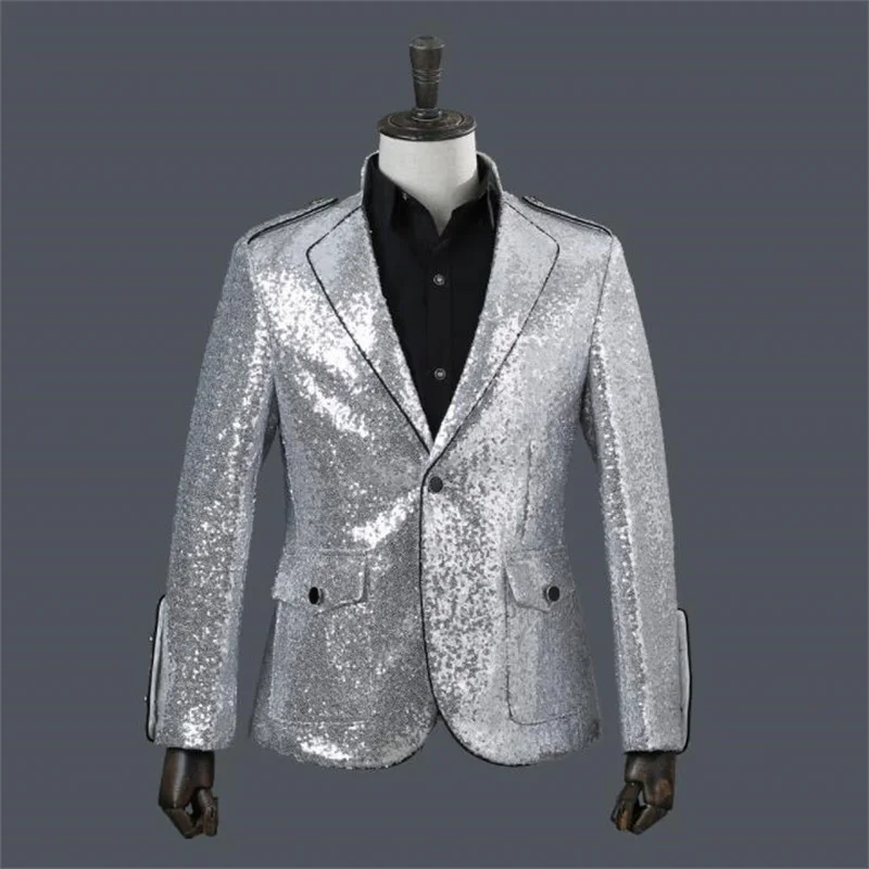 Silver sequins blazer men suits designs jacket mens stage singers clothes dance star style dress punk rock masculino homme