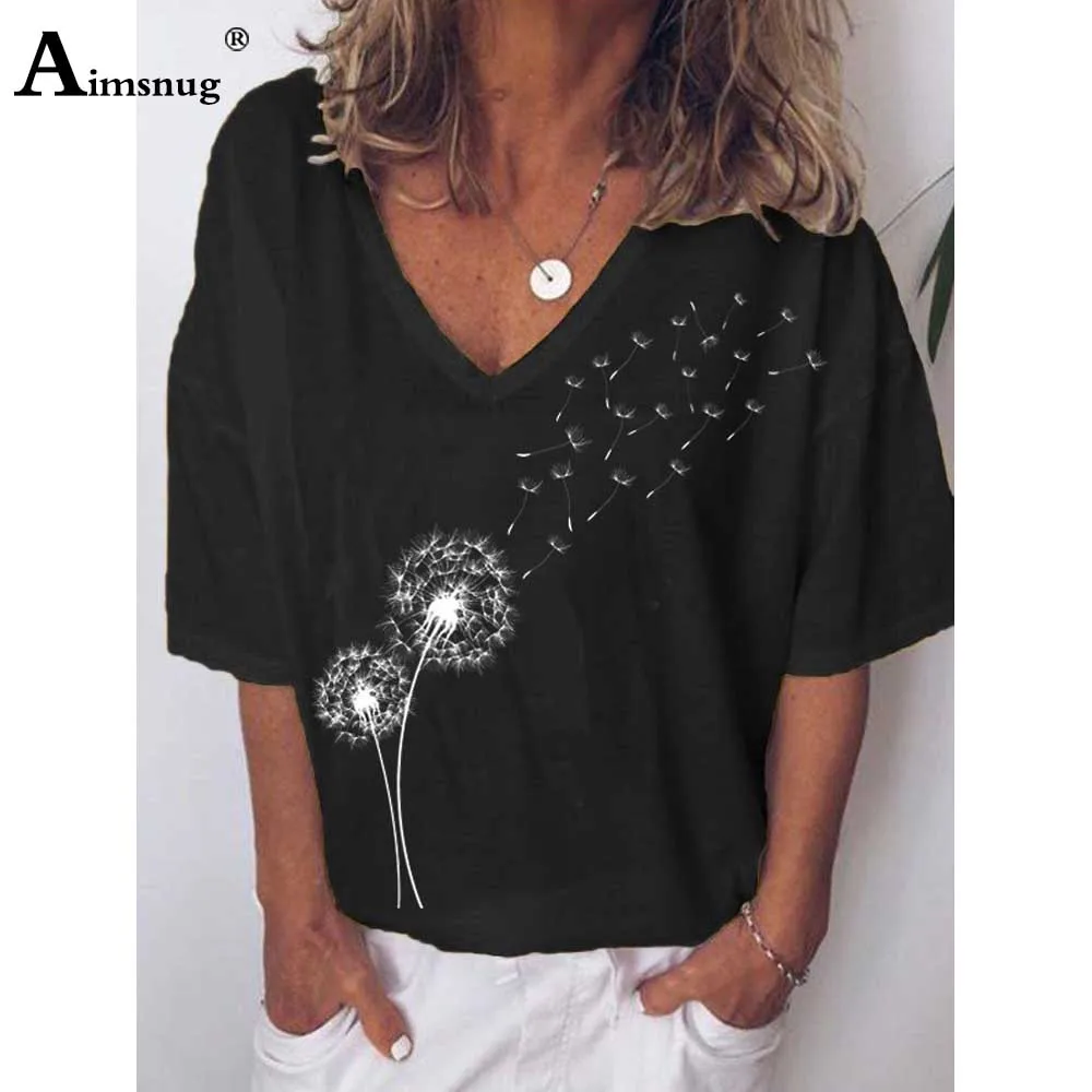 

2020 Plus size 4xl 5xl Women New Elegant Summer V-neck Fashion Dandelion Print Tees Female Loose Tops Half Sleeve Casual T shirt