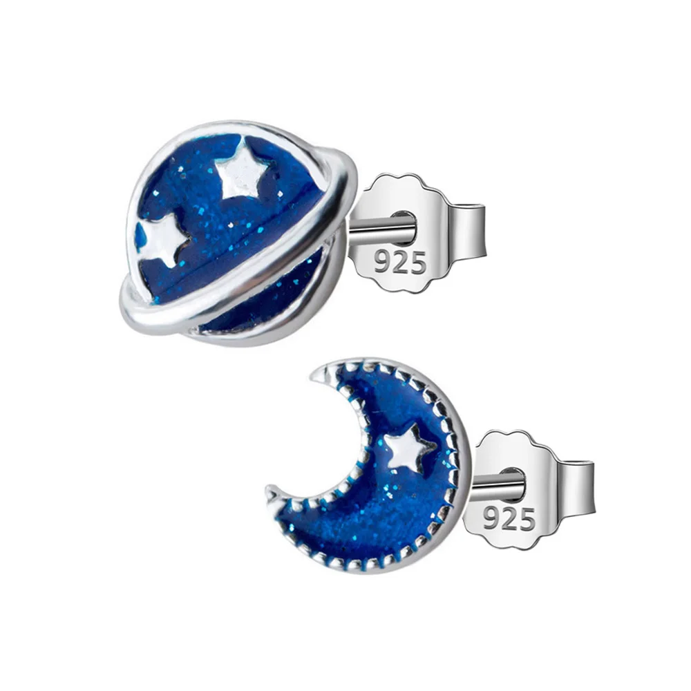 Женские серьги гвоздики из серебра 2018 пробы с Луной и звездами|fashion stud earrings|stud