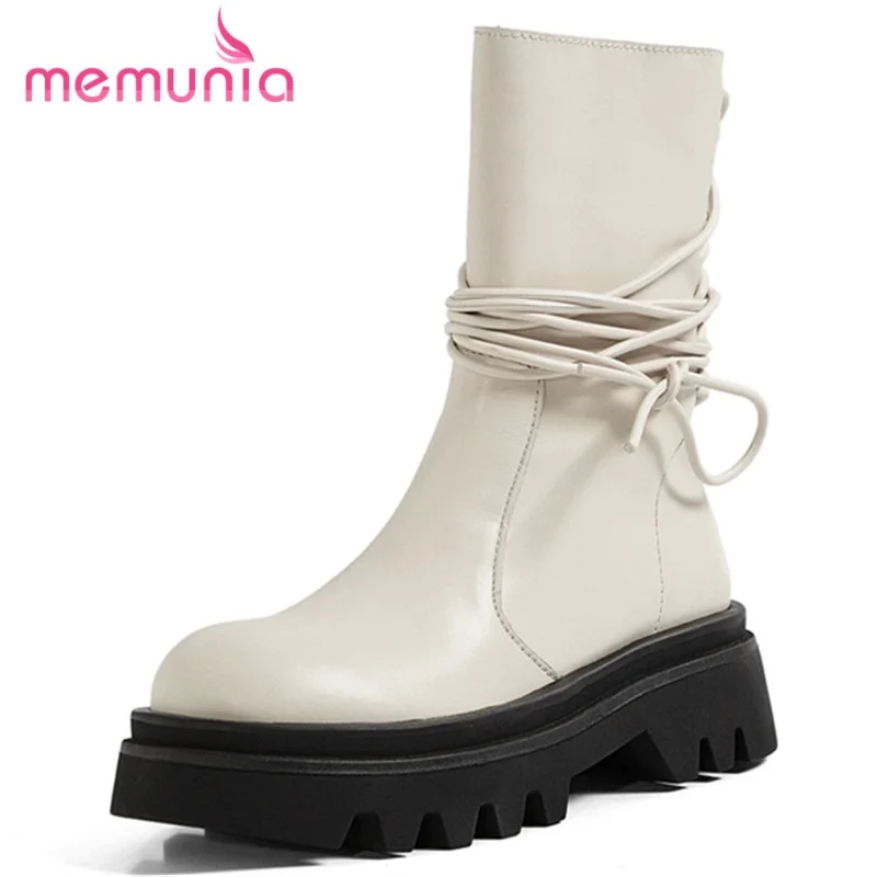 

MEMUNIA New Arrival Cow Leather Shoes Lace Up Zipper Ankle Boots Flat With Platform Ladies Boots Winter Hand Made High Quality