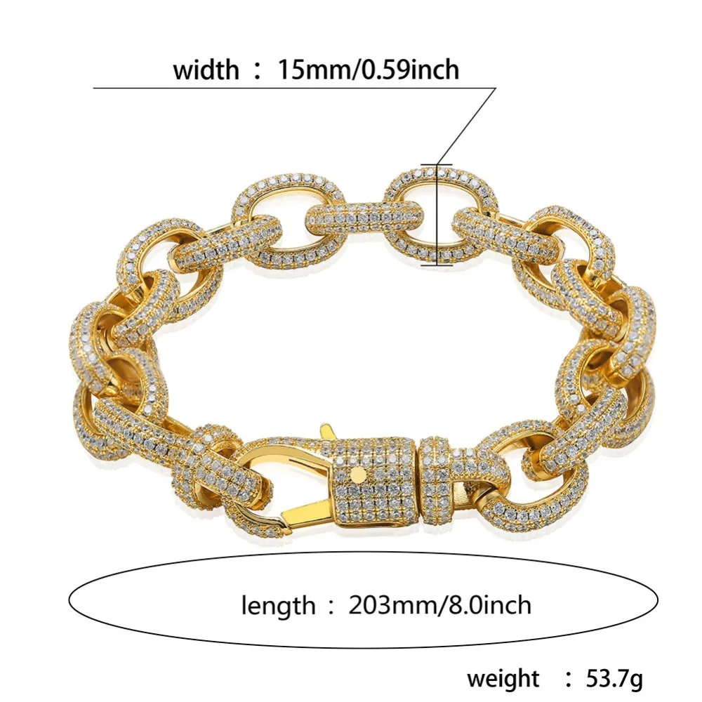

1 New Hip Hop jewelry Arrival 15mm Width Twisted Link Chain Mens Bracelet Iced Out AAA+ Bling Cubic Zirconia Punk Gold Charms