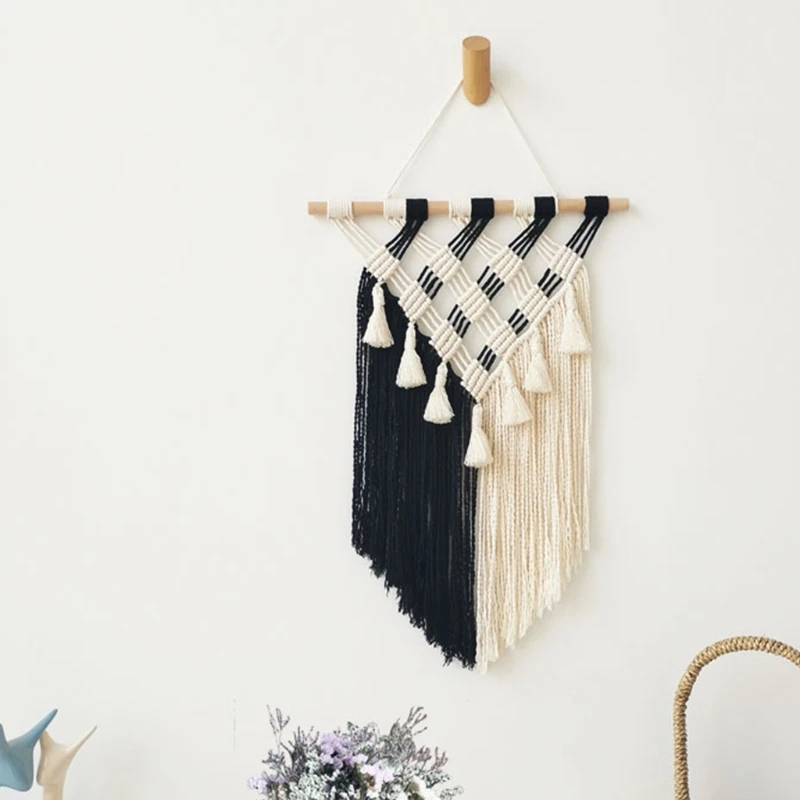 

Black and White Woven Tapestry Tassel Wall Hanging Boho Macrame Rope Bohemian Home Decorations Bedroom Hand Knotted Rope Home Be