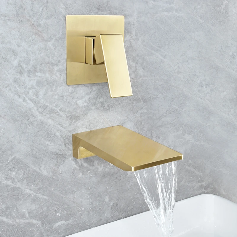 

Wholesale And Retail Waterfall Spout Basin Faucet Brushed gold Bathroom Washing Basin Tap Wall Mounted Single Handle Hot Cold Fa