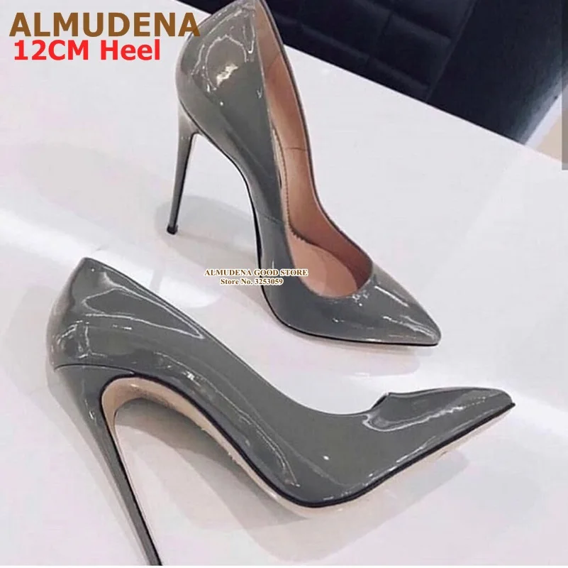 12cm heel grey ALMUDENA/фиолетовые туфли-лодочки из лакированной кожи с острым носком свадебные туфли без застежки с закрытым носком 12 см вечерние туфли на высоком каблуке 10 см, 8 см туфли-лодочки, размер 45 - Цвет: 12cm heel grey