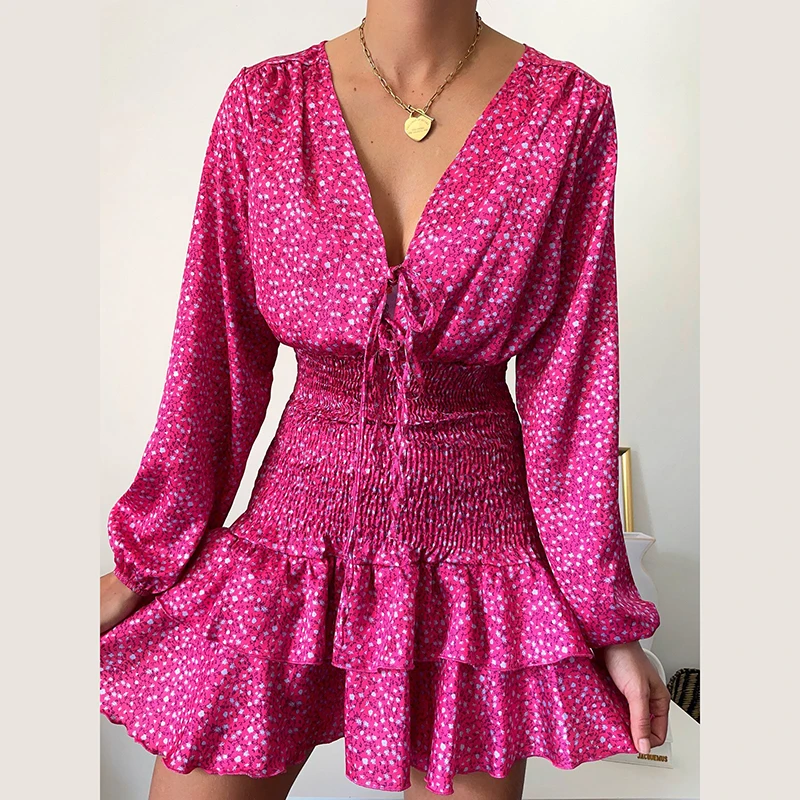 

Floral Dresses for Women 2021 Autumn Print V Neck Self-tie Lace Up Sexy Ruffles Mini Party Dress Lady Long Sleeve Night Vestidos