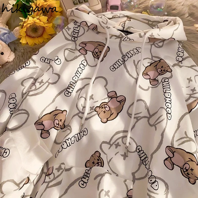 

Kohigawa 2021 Hoodies Women Cute Cartoon Bear Print Pullovers Tops Female Korean Fashion Hooded Loose Casual Sweatshirts 96942