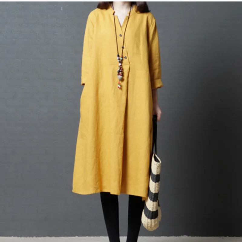 #0192 из хлопка и льна на весну осень платье с длинным рукавом v образным вырезом