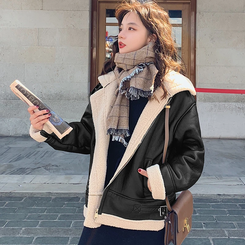 

Unua amo Lambswool Leather Jacket Female Short Warm Plush Biker Coat 2021 High Quality Faux Fur PU Leather Winter Jacket Women