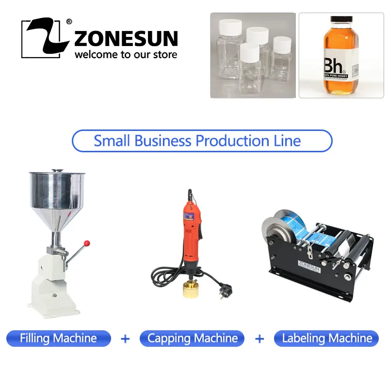 

ZONESUN Small Bussiness Production Line Honey Paste Filling Machine Manual Capping Machine Manual Round Bottle Labeling Machine