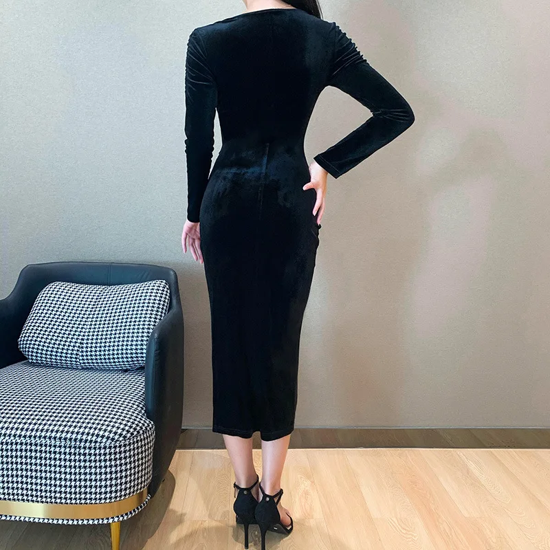 

NORMOV Autumn Women Dress Solid V Neck Long Sleeve Split Mid Calf Suede Dresses Vintage Party Feminina Dress