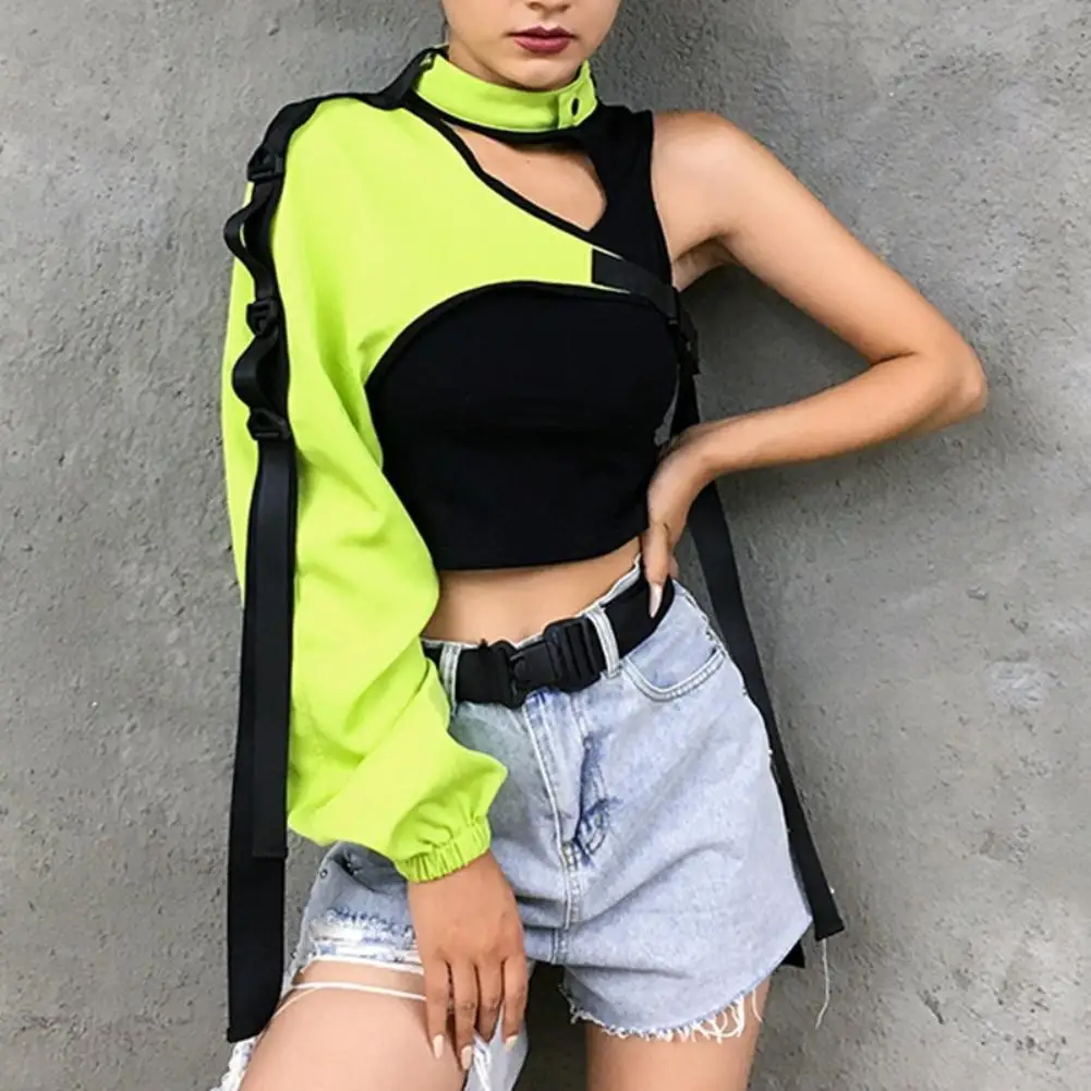 

Women Chic Choker One Long Sleeve Strap Buckle Reflective Halter Smock Blouse