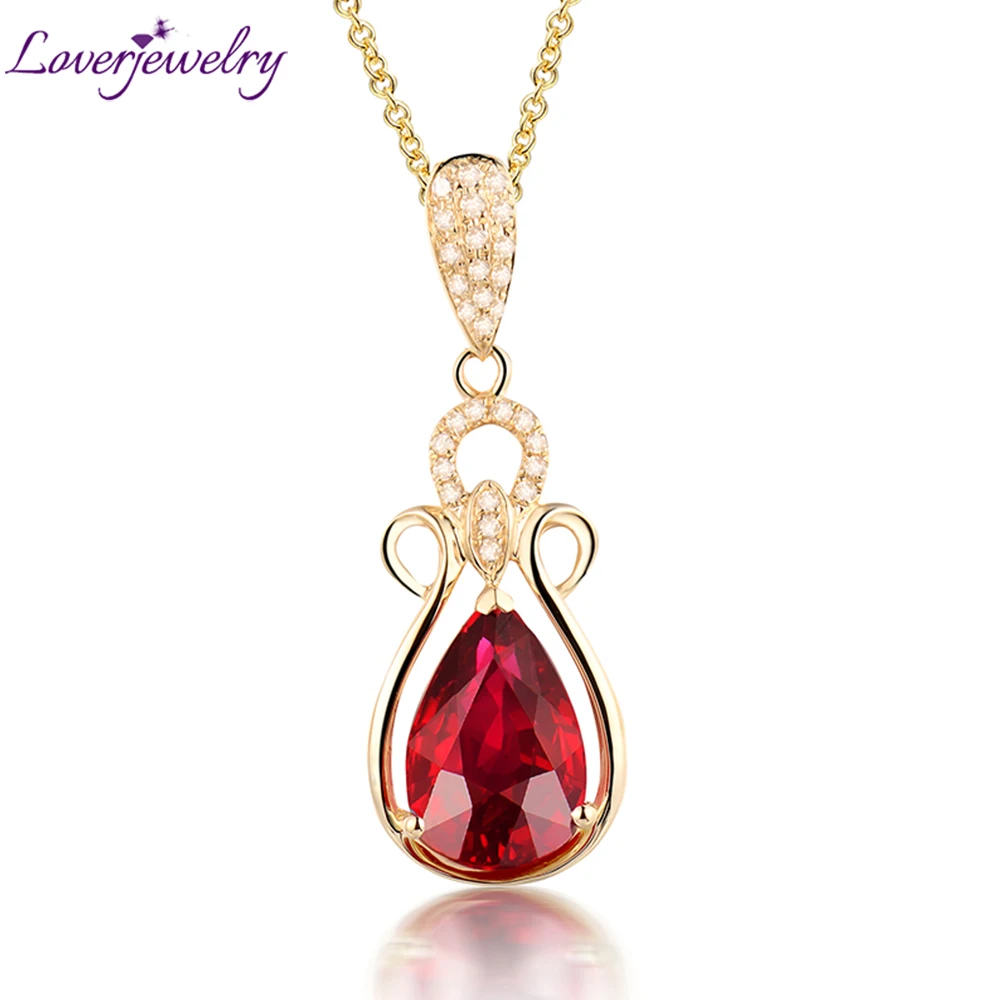 

LOVERJEWELRY Pendant Jewelry Real 14Kt Au585 Yellow Gold Genuine Diamonds Women Pear Ruby Pendant Without Chain For Engagement