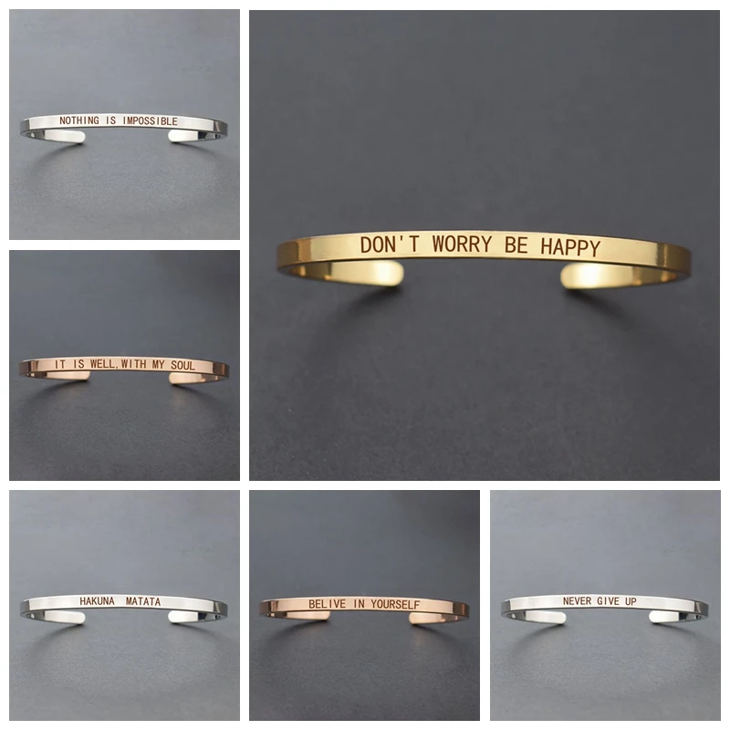 

Inspirational Quotes Cuff Bracelet " DON'T WORRY BE HAPPY " Metal Engraved Bracelet Bangle Fashion Jewelry Gifts for Friends