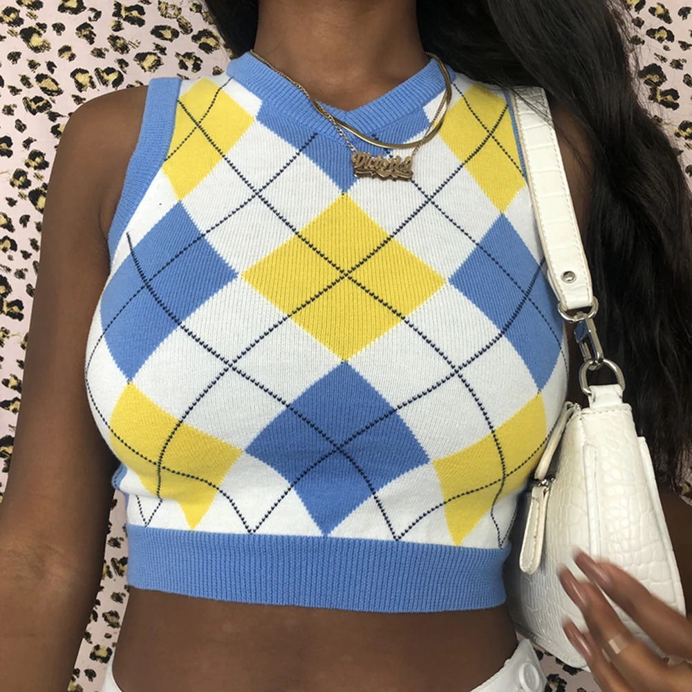 

Vintage Argyle Plaid y2k Tank Tops Women Fashion Sleeveless Knitted Sweater Vest 90s Crop Tops Knit Autumn Basic Tees