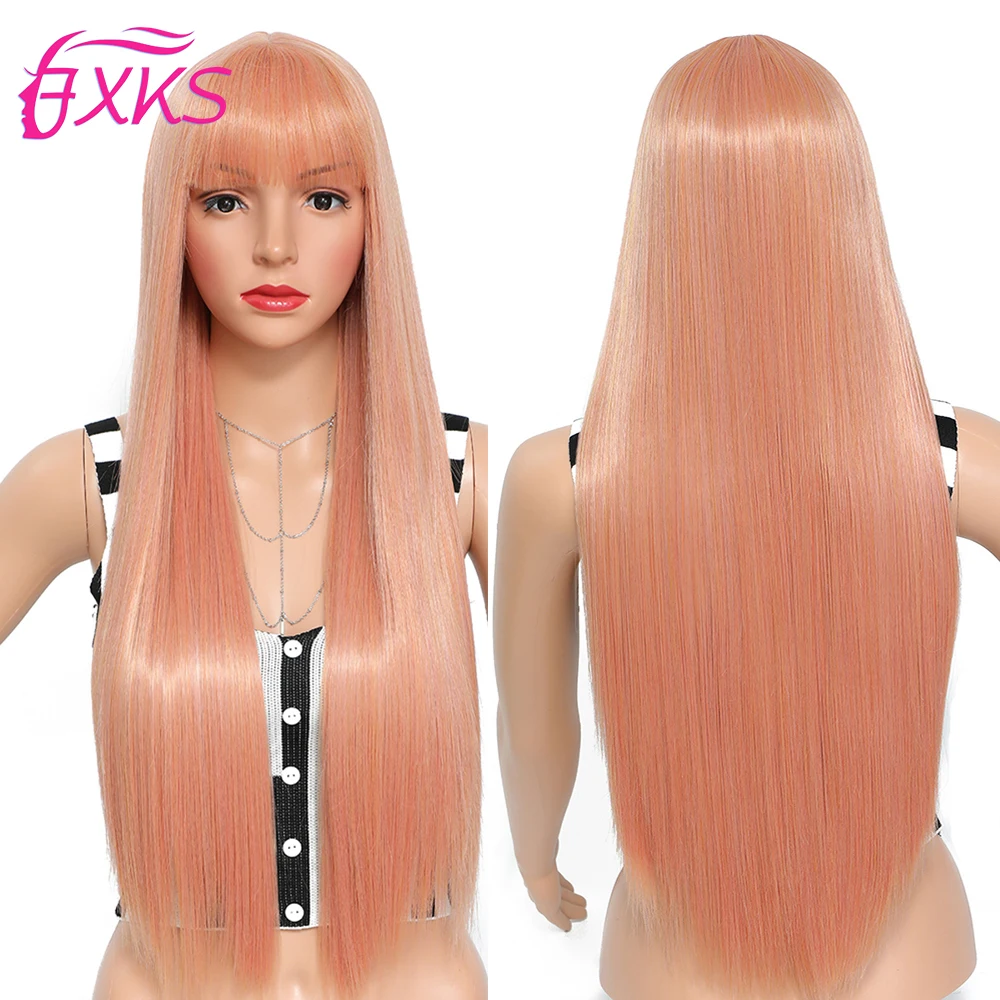 

Длинные прямые синтетические парики с челкой, розовые, серебристые, коричневые волосы, обычные парики из высокотемпературного волокна для ...