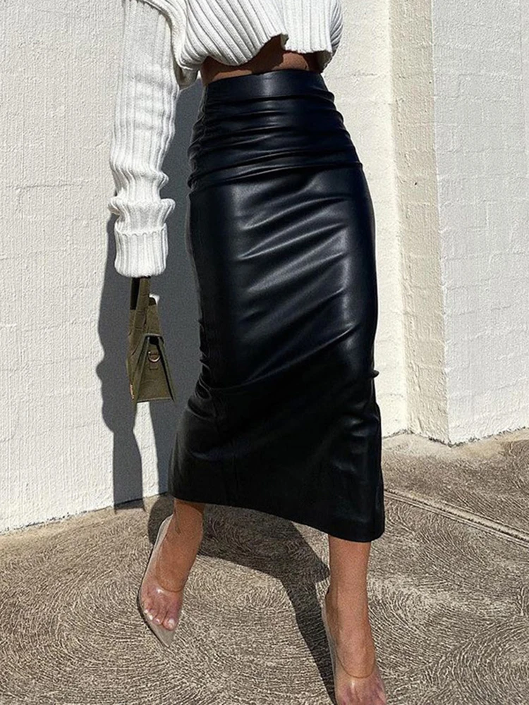 

Elegant Fashion Ruched PU Leather Midi Skirts Women Clubwear Party Office Lady High Waist Skirts Bottom Clothes