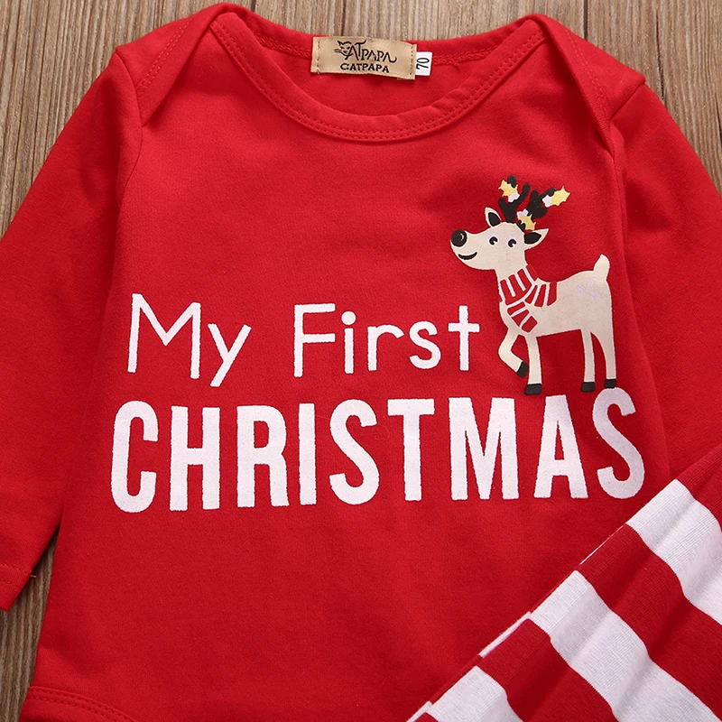 

2pcs My First Christmas Newborn Baby Girls Boys Long Sleeve Romper + Striped Pants Cartoon Baby Sets Cotton Clothing 0-18M