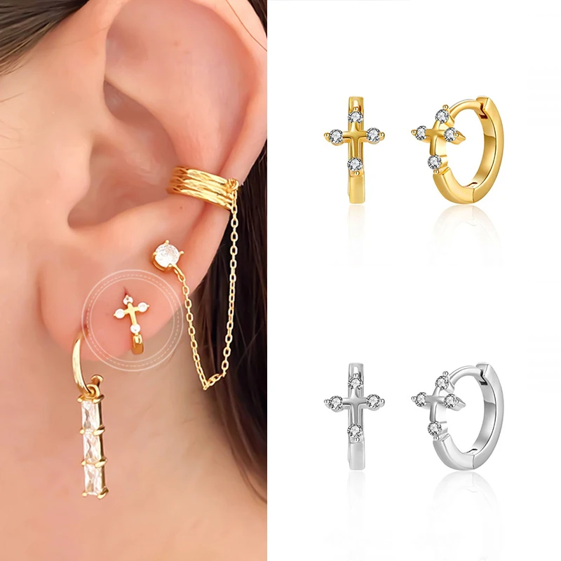 

Simple Minimalist Zircon Cross Hoop Earrings 925 Sterling Silver Ear Buckle Small Huggie Hoop Earrings for Women Fine Jewelry