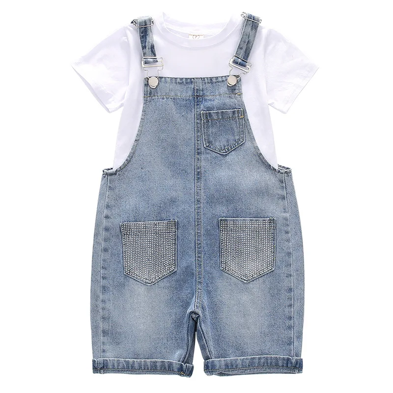 

Girls dress 2021 children summer cuhk brim han edition fashionable girl very hot drilling denim overalls two-piece outfit