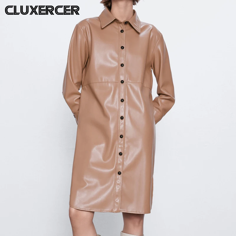 Хаки рубашка из полиуретана платье для женщин с длинным рукавом однобортное