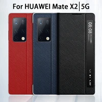 leather phone case for huawei mate x2 flap cover protective cross pattern intelligent window kickstand leather shell fashion