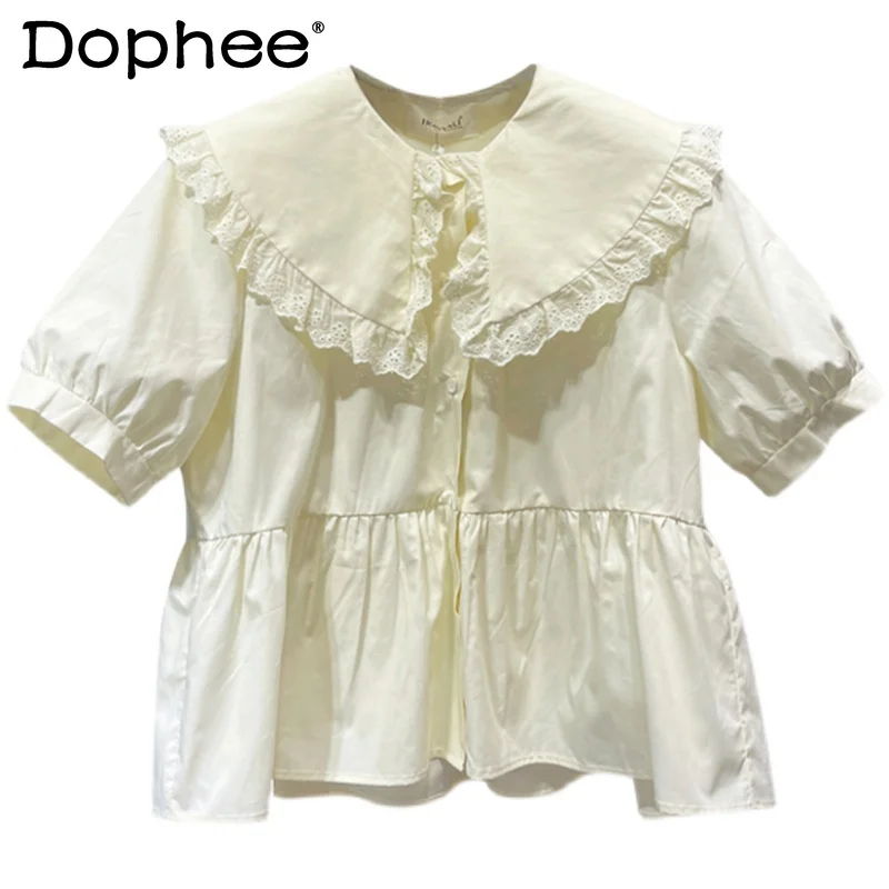 

2021 Summer Sweet College Style Blouse Lace Stitching Baby Shirt Ruffled Doll Collar Blusas Elegant Fashion Shirt for Women