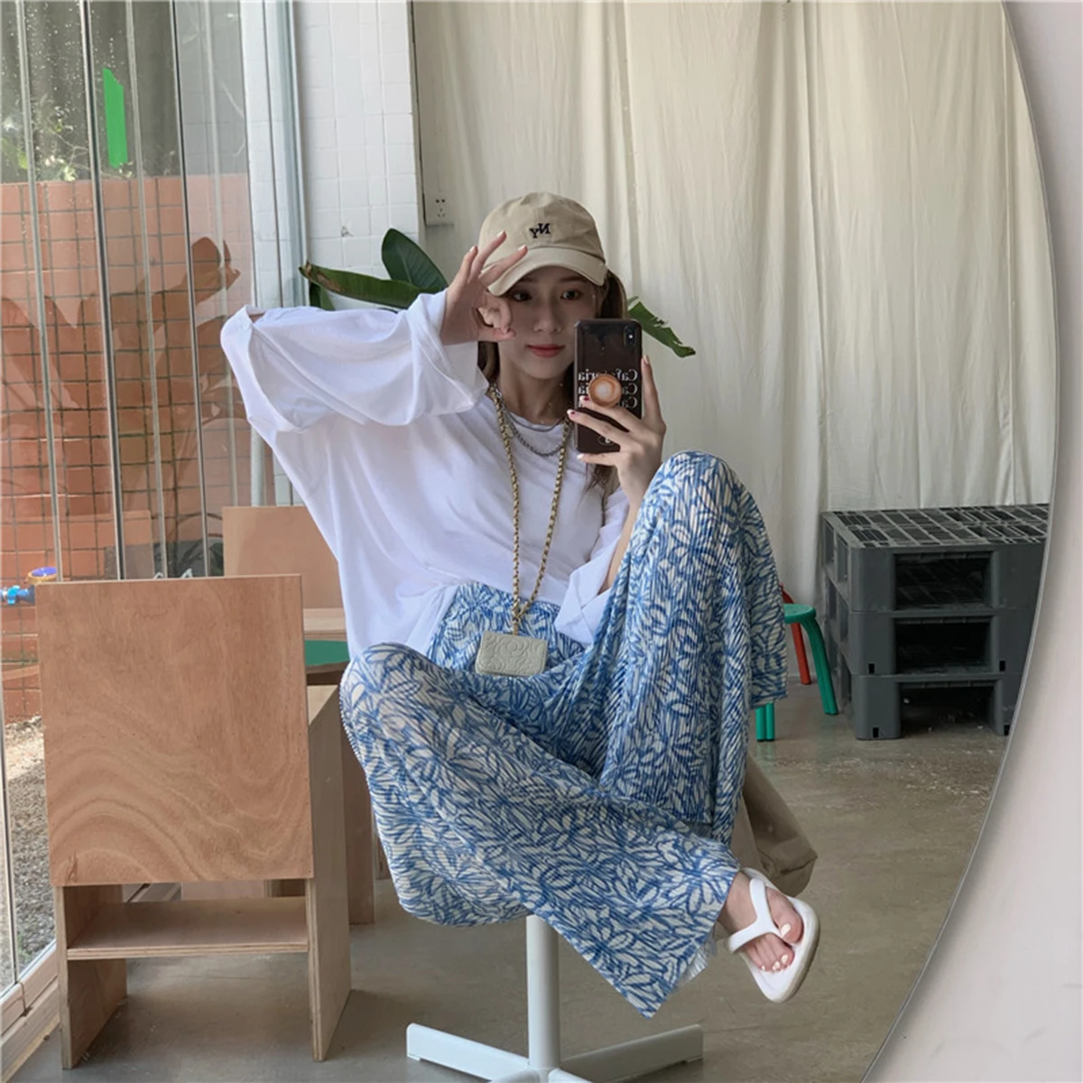 

2021 Summer Floral Print Women's Pants Blue High Waist Loose Wide Leg Pant Fashion Casual All-Match Chic Female Trousers