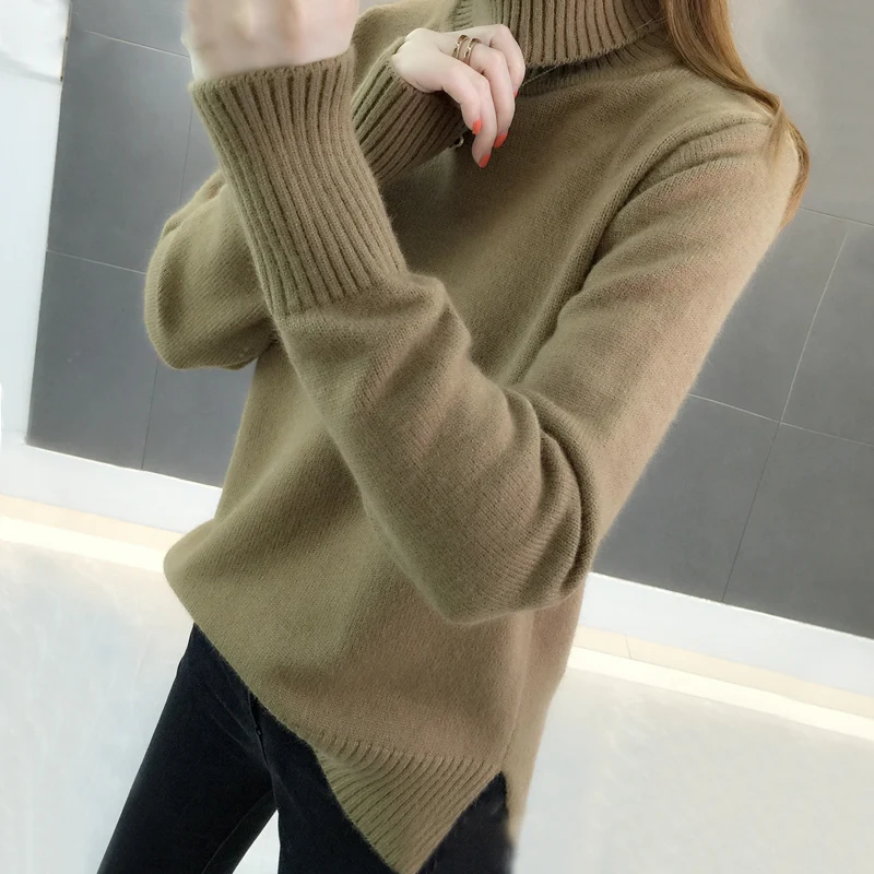 Winter 2019 New Korean Version Loose Pullover Over Over-heated Thick Solid Color Long Sleeve Knitted Bottom Sweater | Женская одежда