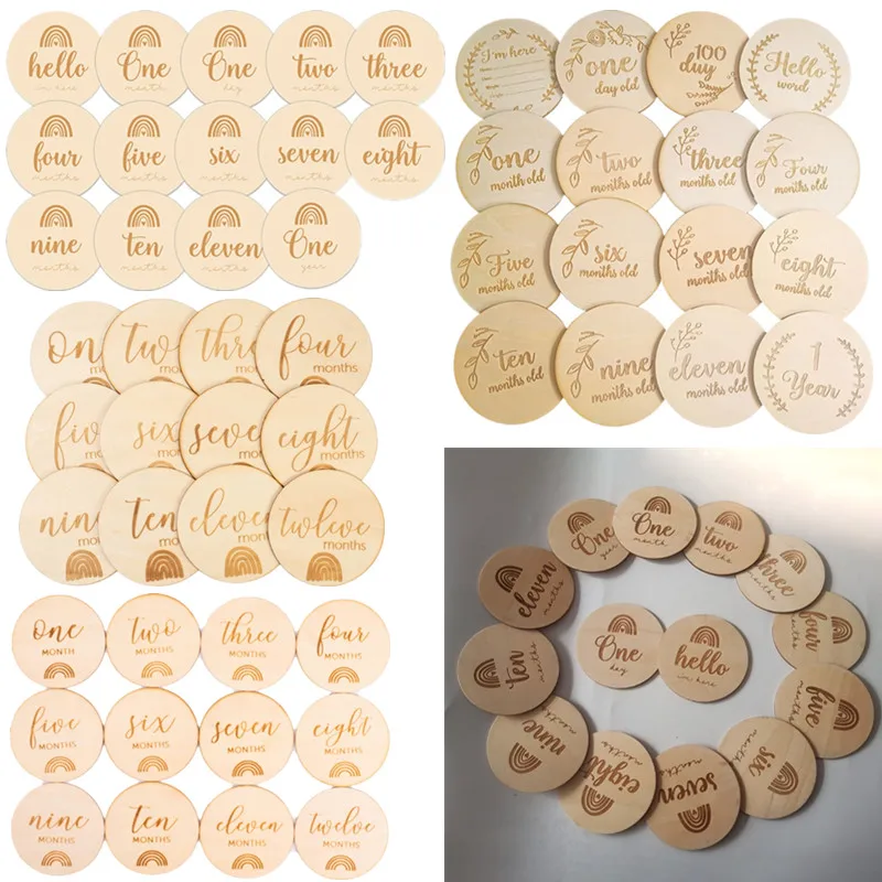 1 set Wooden Rainbow Newborn Baby Milestone Cards Baby Birth Monthly Recording Cards Commemorate Newborn Photography Props